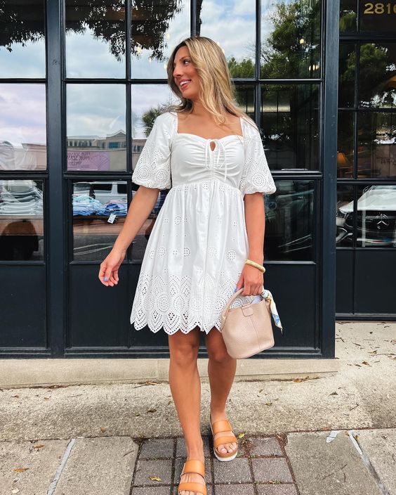 White Eyelet Dress with Sandals and Tote Bag